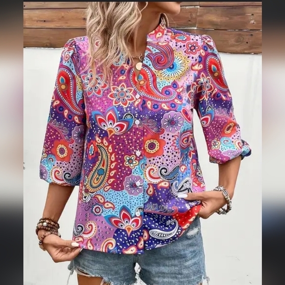 Shein Paisley Shirt Womens Sz M Mixed Print Button Up Blouse Colorful Bohomeim - Picture 1 of 13